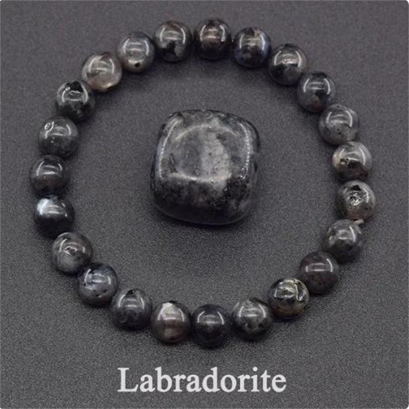 Detailed view of the Labradorite bracelet, capturing the subtle iridescence and grounding aesthetics.